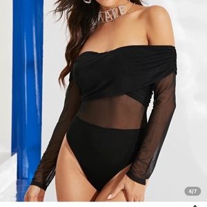 Cross wrap off shoulder mesh bodysuit